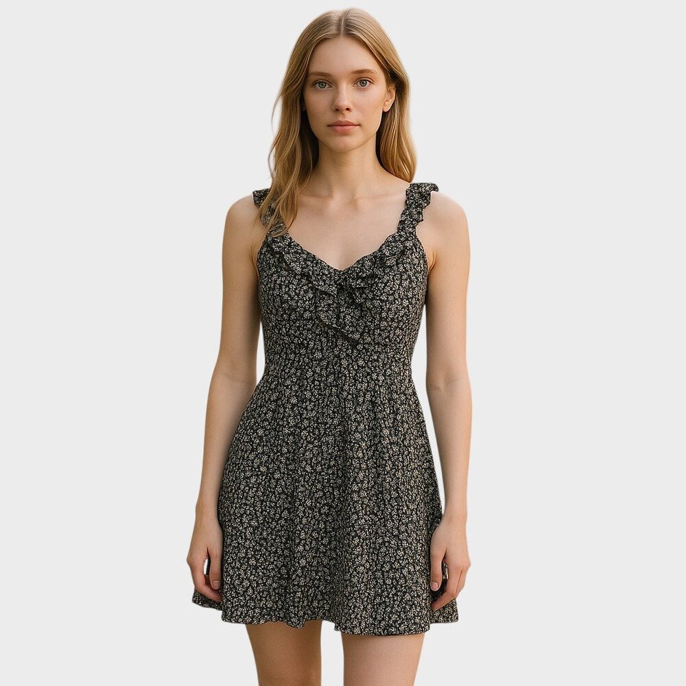 H&M Small Womens Black Floral Mini Dress Spaghetti Strap Coquette Summer Easter